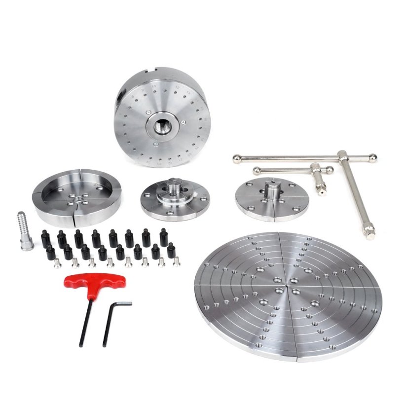 Skľučovadlo na drevo 125 mm, 4 sady čeľustí a lícna doska, veľký set