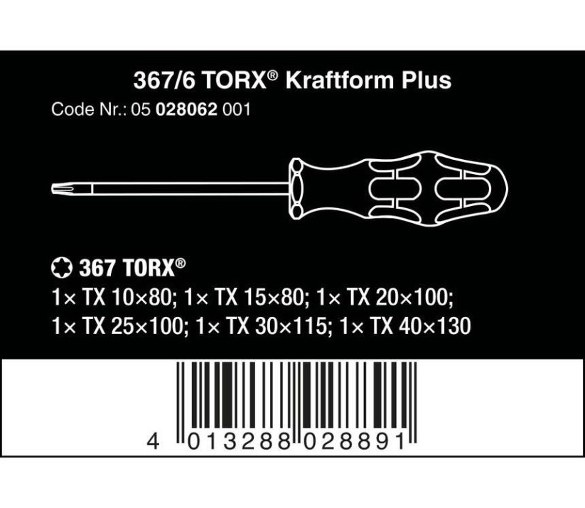 Šroubováky Wera Kraftform Plus 367/6 Rack (Sada 6 ks Torx), 028062