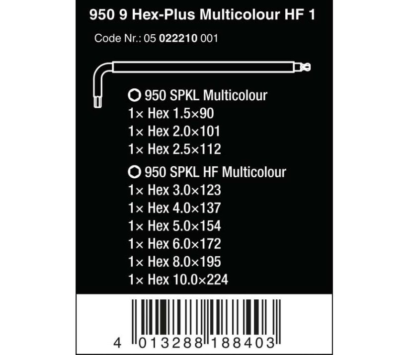 Zástrčné kľúče Wera inbus 950/9 Hex-Plus Multicolour HF 1, BlackLaser s pridržiavacou funkciou (Sada 9 dielov) 022210