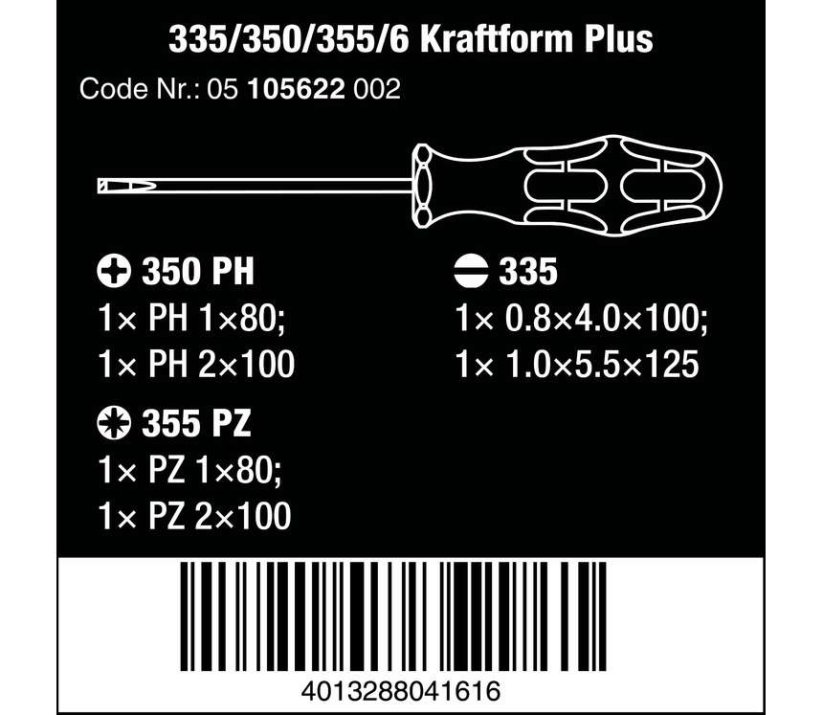 Skrutkovače Wera Kraftform Plus Lasertip rad 300 typ 335/350/355/6 (Sada 6 dielov + stojan), 105622