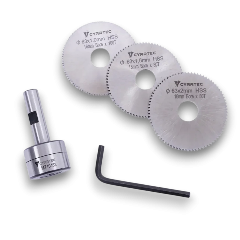 Sada kotúčových fréz Ø 63 mm s unášačom – hrúbky 1 / 1,5 / 2 mm, stopka 12 mm