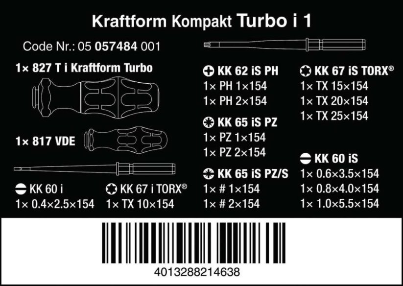 Ručné držiaky a výmenné skrutkovacie čepele Wera Kraftform Kompakt Turbo i 1 (Sada 16 dielov), 057484
