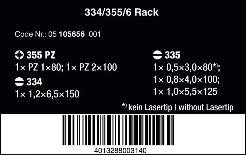 Skrutkovače Wera Kraftform Plus Lasertip 334/355/6 Rack, 105656